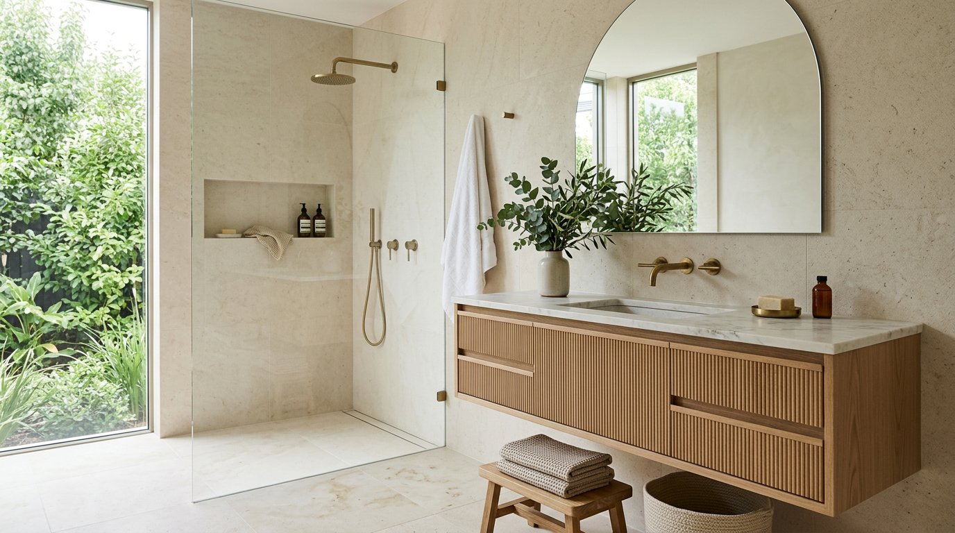 Calm spa-inspired bathroom with oak vanity