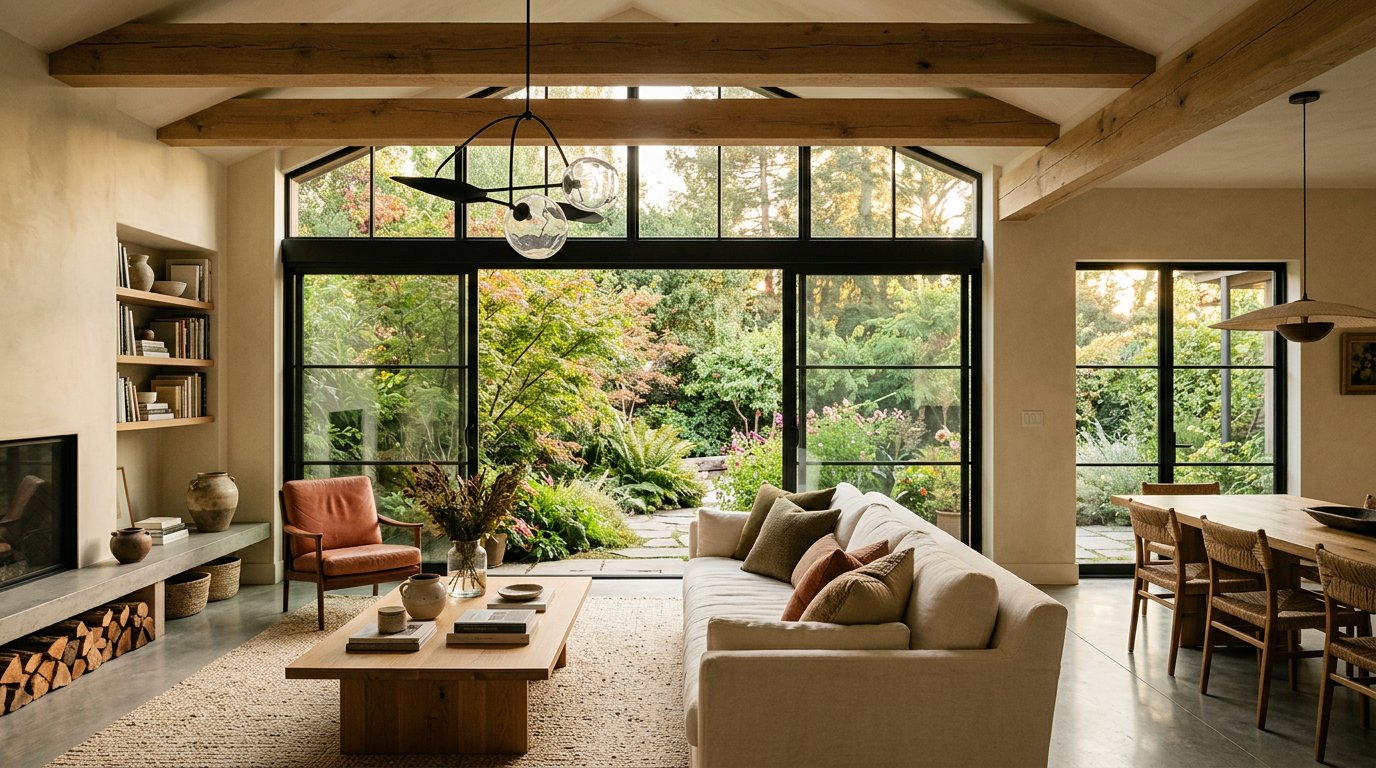 Warm, modern living room with natural finishes