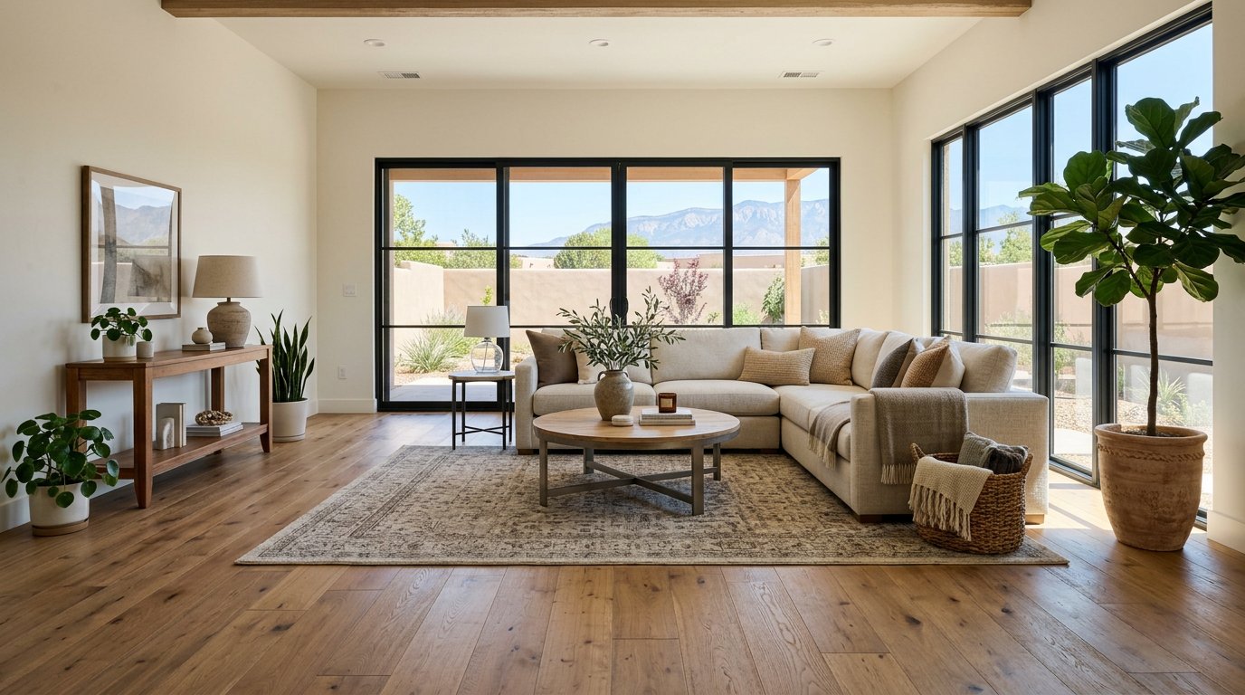 Bright renovated interior with large modern windows